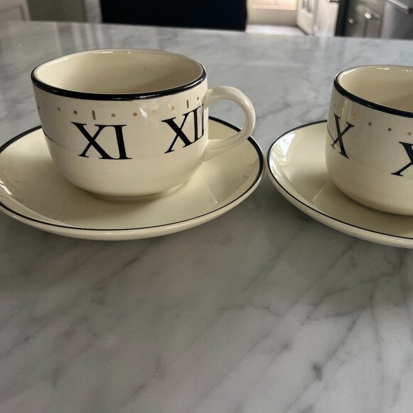 Set of 2 Vintage Arthur Wood Roman Numerals Clock Face Coffee Cups & Saucers - Picture 1 of 8